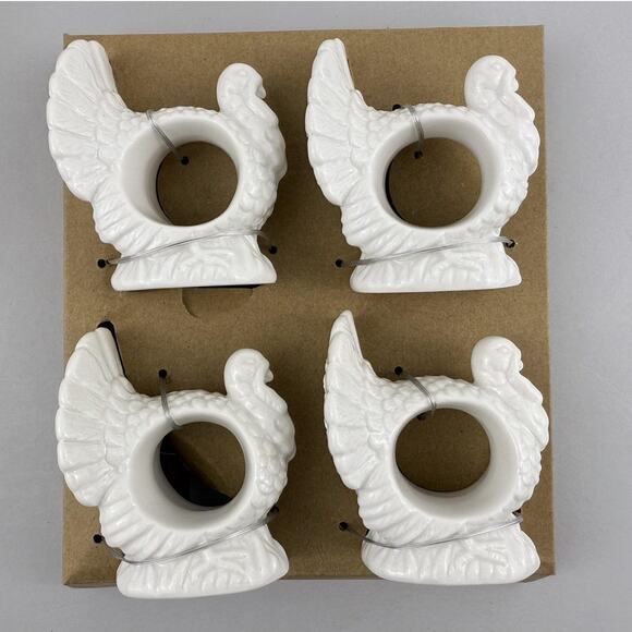 Pottery Barn Turkey Napkin Rings Set of 4 White Ceramic Thanksgiving Table Decor - Picture 2 of 6